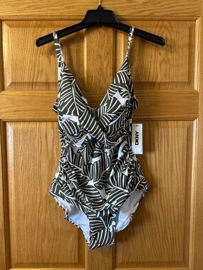 DKNY Olive Green & White Tropical-Leaf One-Piece Swimsuit